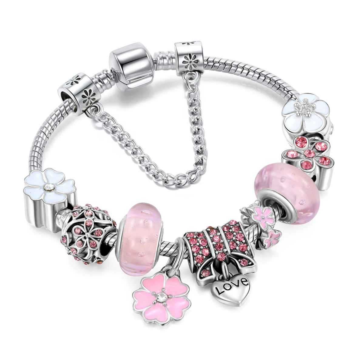 Trendy multi-element bracelet, pearls, flowers, love.