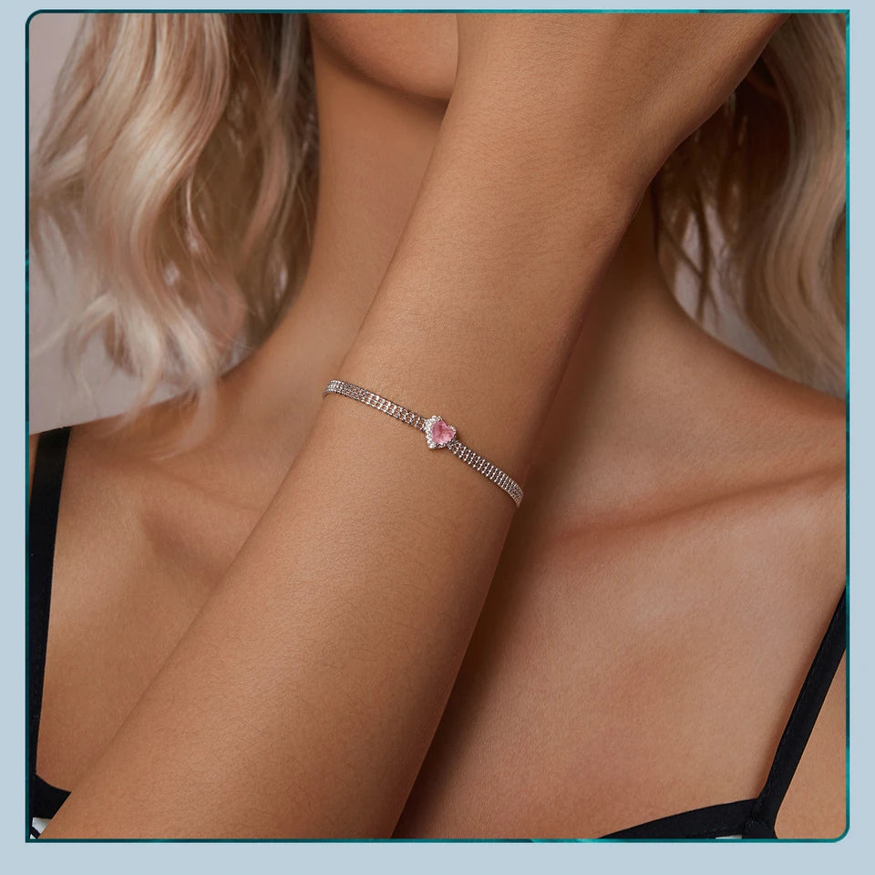 Iced Pink Heart Bracelet, Genuine 925 Sterling Silver.