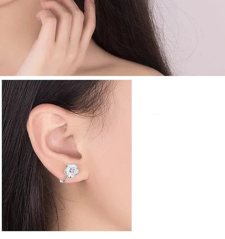 Korean style cherry blossom clip on earrings, pure 925 silver no hole ear clip.