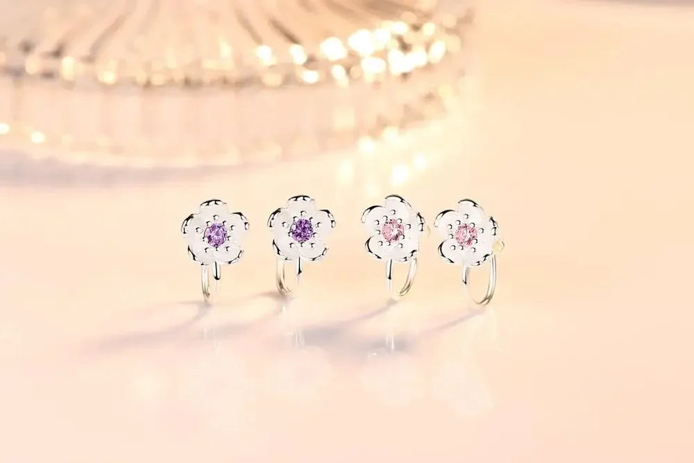 Korean style cherry blossom clip on earrings, pure 925 silver no hole ear clip.