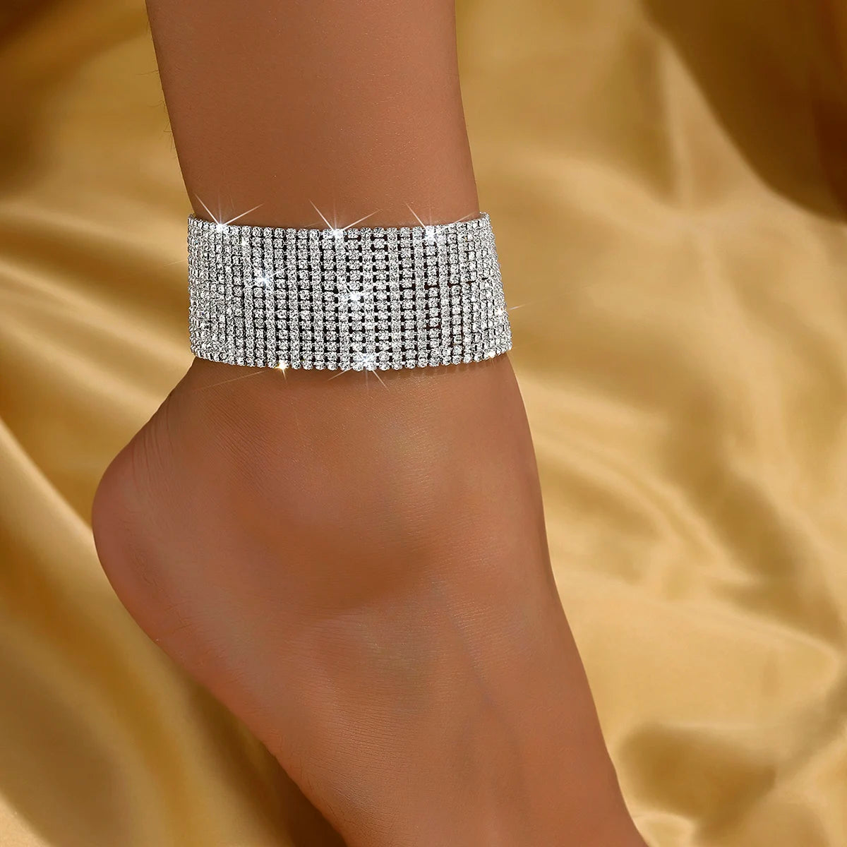 Multi-row rhinestone ankle chain.