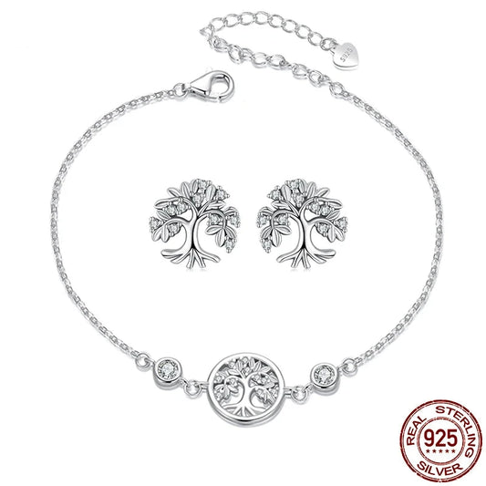 Tree of Life Bracelet and Earrings, Genuine 925 Sterling Silver.