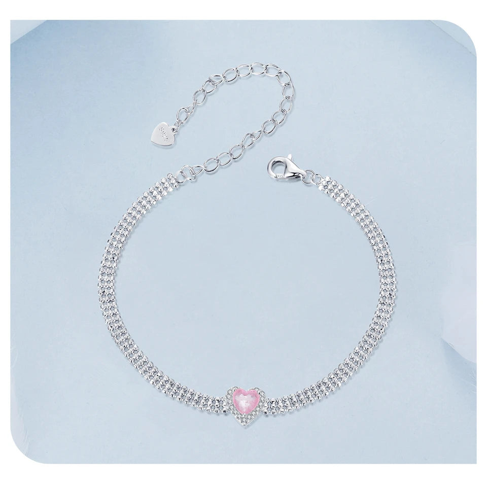 Iced Pink Heart Bracelet, Genuine 925 Sterling Silver.