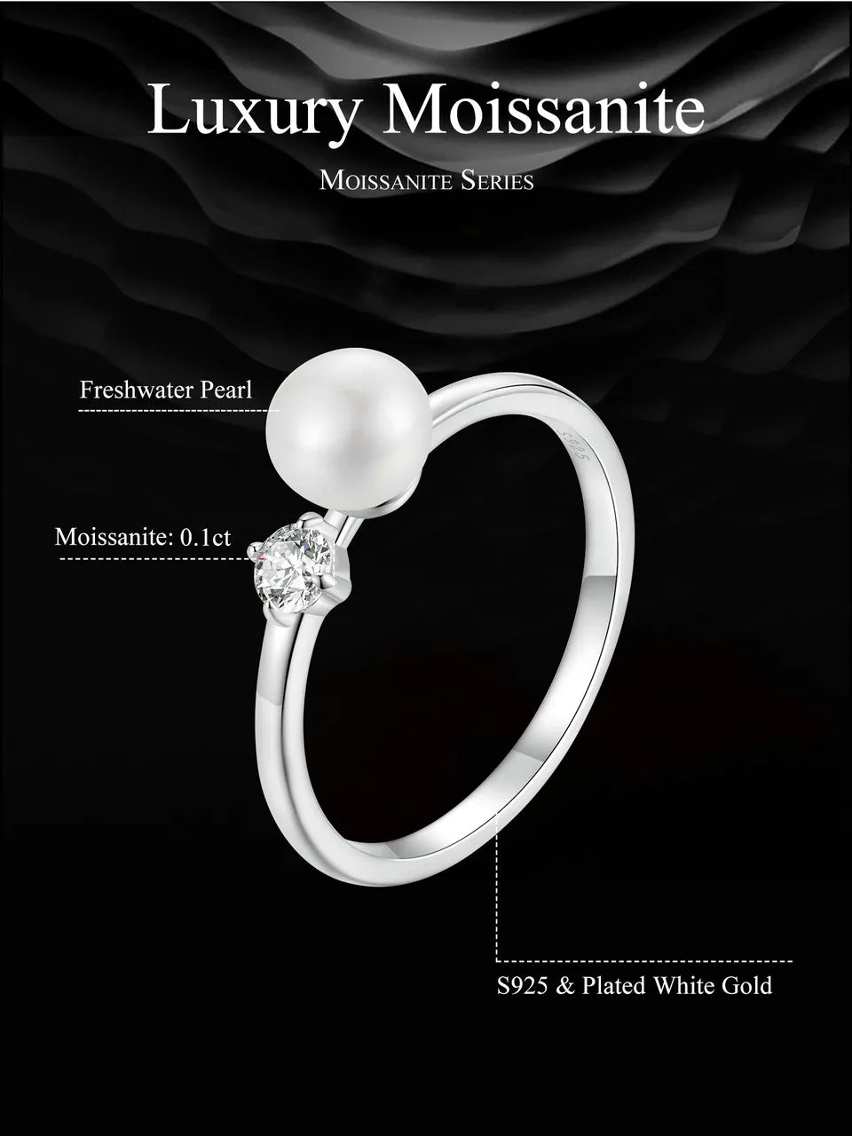 925 Sterling Silver Ring with Natural Pearl and Moissanite.