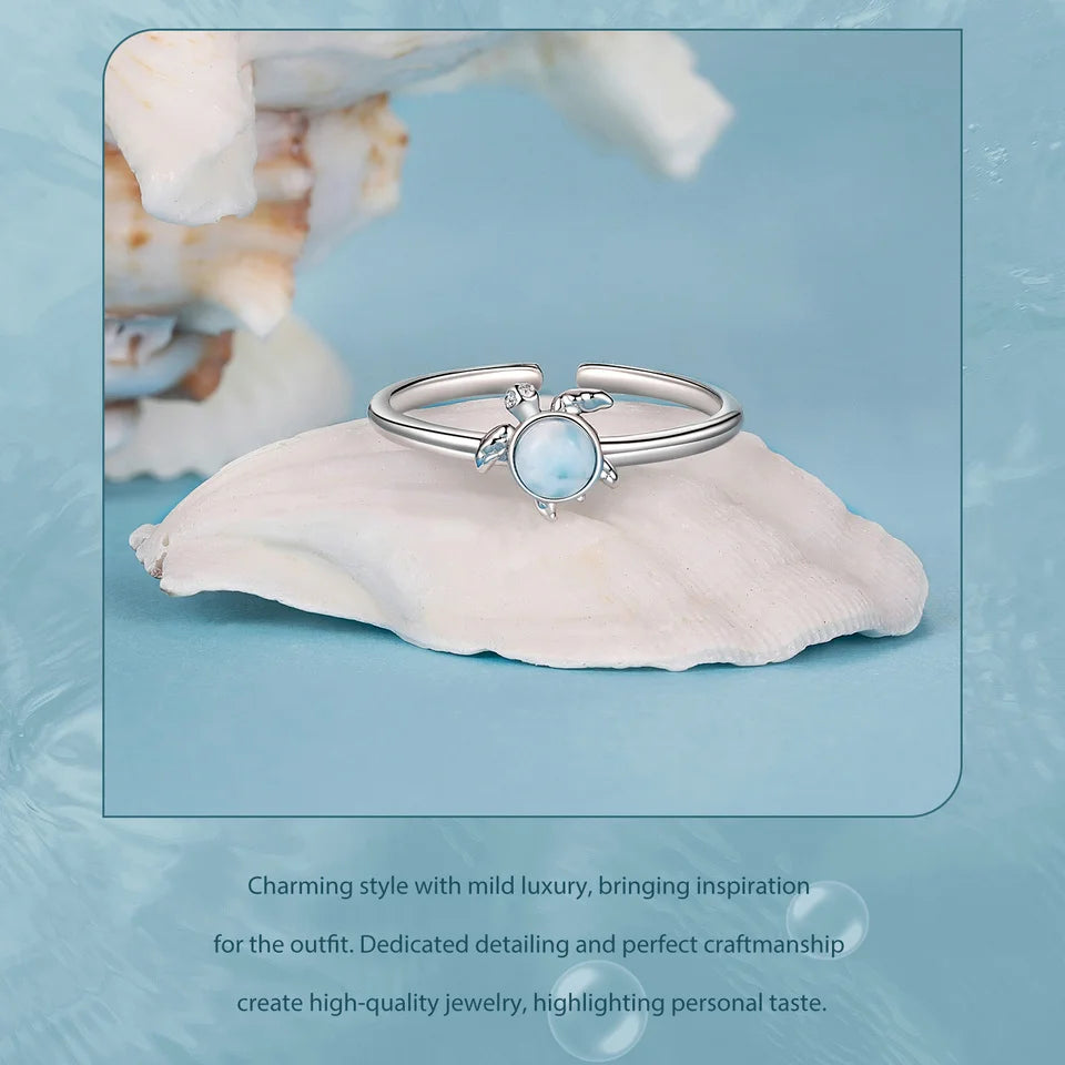 Natural Blue Larimar Gemstone Open Ring in 925 Sterling Silver.