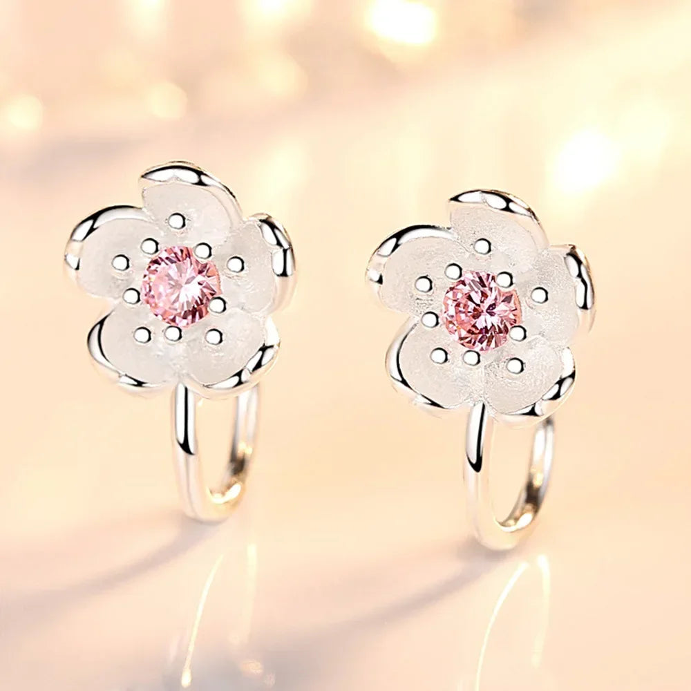 Korean style cherry blossom clip on earrings, pure 925 silver no hole ear clip.