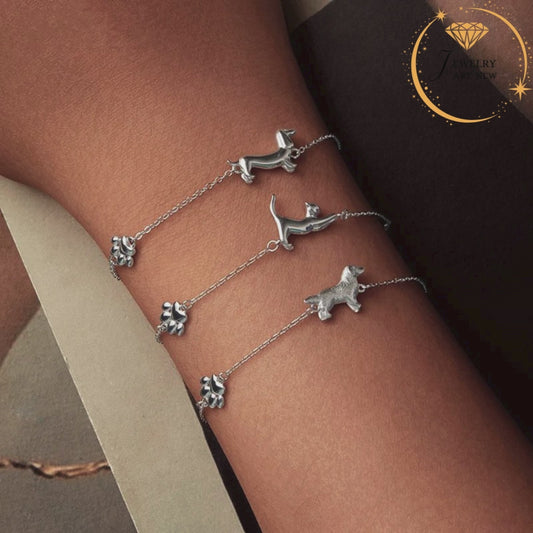 Cute Cat & Dog Bracelet in Solid 925 Sterling Silver.