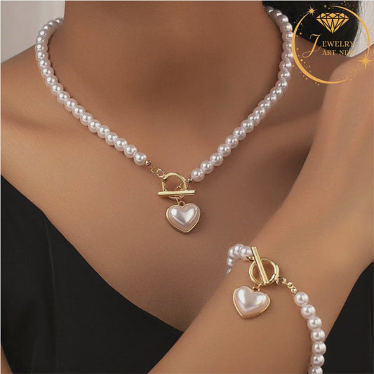 Creative Pearl Heart Necklace & Bracelet.